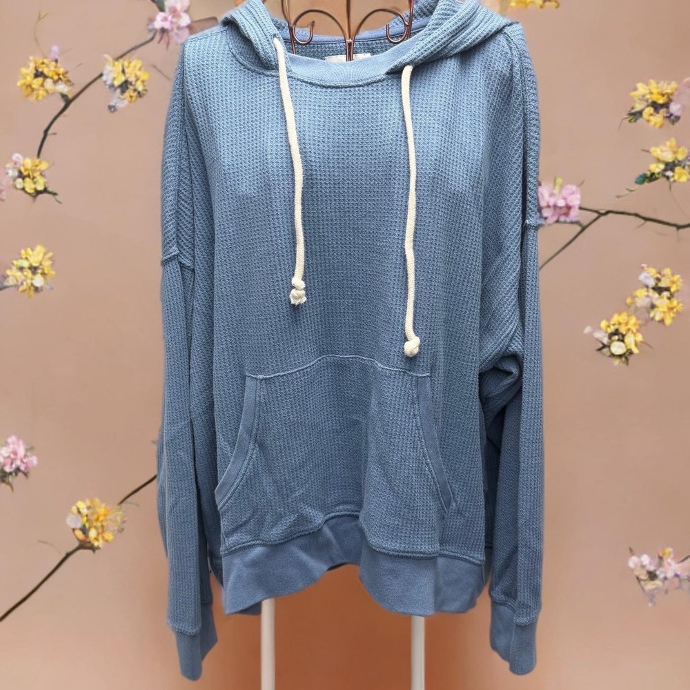 Aerie Waffle Knit Medium Blue Hoodie Oversize Pullover Cozy Lounge Casual